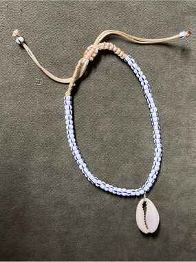Handmade White & blue Beaded w/ Cowrie Shell adj Ankle Bracelet beach wear